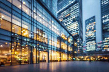 Obraz premium Modern glass buildings glow with warm interior lights at dusk.