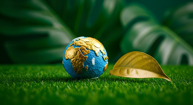 Globe with Green Leaf on Green Nature background. Environmental sustainability