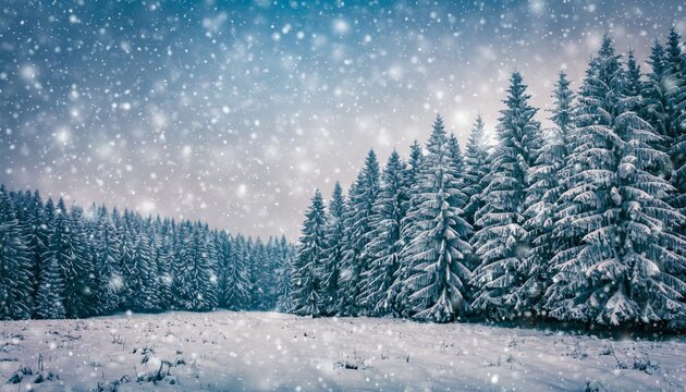 Snowy forest falling flakes winter landscape, peaceful scene with tall pine trees covered in snow and gentle snowfall beneath a pastel sky.