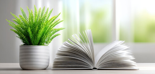 Open book rests on wooden table beside potted plant, creating serene atmosphere. book pages are fanned out, inviting readers to explore its content while vibrant greenery adds touch of nature