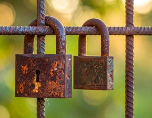 Two rusty, vintage padlocks locked on a weathered, iron gate