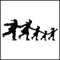 A black silhouette illustration of Santa Claus and a family of four  ice skating hand-in-hand