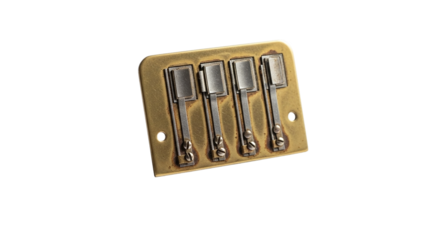 Vintage guitar bridge isolated on transparent background, showcasing its aged brass finish and intricate design, ideal for music enthusiasts and collectors
