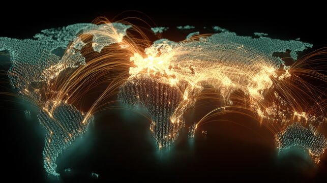 An abstract digital representation of global connections and data flow across continents and countries. - Powered by Adobe