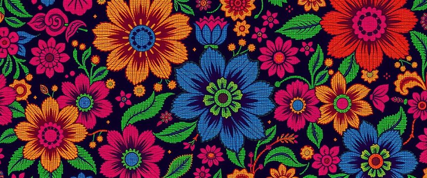 Intricate pixelated floral songket pattern in vibrant hues, ideal for textile design, ethnic, heritage