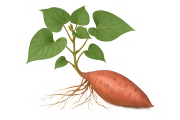 Sweet potato tuber sprouting with green leaves and developing roots, organic healthy vegetable agriculture
