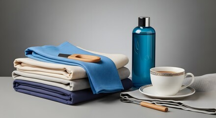 A neatly arranged collection of folded towels, a blue water bottle, a cup of coffee, and a small towel with a wooden handle on a clean surface with a neutral background