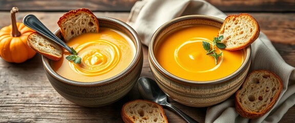 Two rustic bowls brimming with creamy pumpkin soup, crusty bread slices, spoons,  hearty,  still life