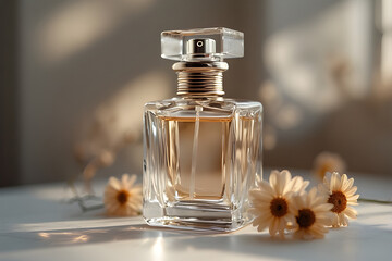 Elegant glass perfume bottle with gold details and soft amber liquid, highlighted by natural sunlight and surrounded by delicate flowers.