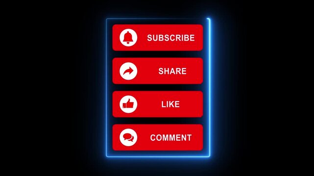 Motion graphics overlay with animated subscribe like comment share buttons for tv and online use. Modern clean interface design. Motion graphics of media concept.