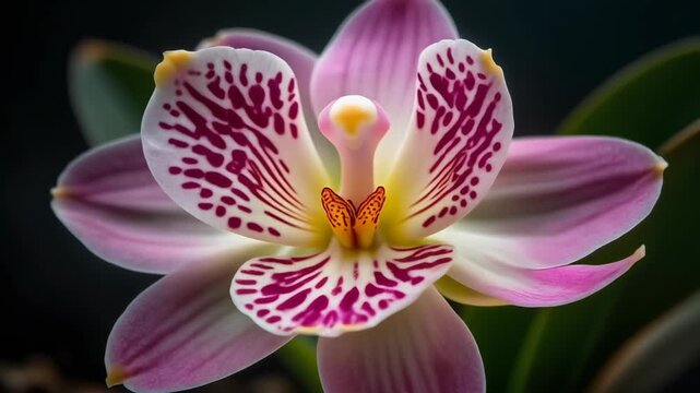 A close-up view of a vibrant pink and white orchid flower with intricate purple spotted patterns and a yellow center.