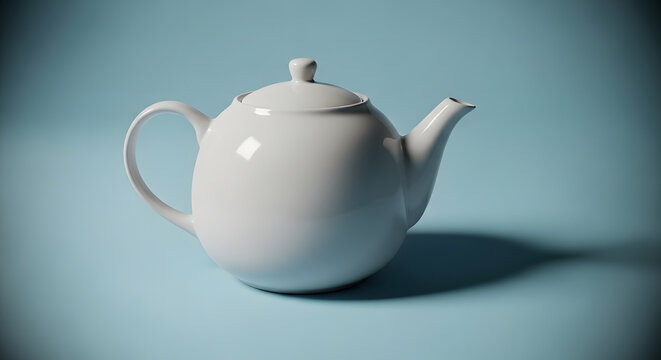 Elegant white ceramic teapot with lid on a minimalist light blue background, showcasing clean lines and smooth texture in a studio setting, perfect for drinkware and kitchen concepts