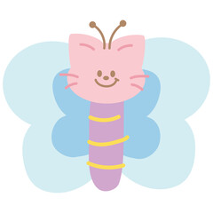 Cute illustration of pink cat with butterfly wings for animal decoration, insect, kitten cartoon, cat drawing, pet shop, vet, characters, comic, mascot, patch, brooch, foster home, adopt cat, nature