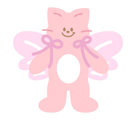 Obraz premium Cute illustration of pink cat with butterfly wings, pink ribbon for animal decoration, kitten cartoon, cat drawing, pet shop, vet, characters, comic, mascot, patch, brooch, foster home, adopt cat