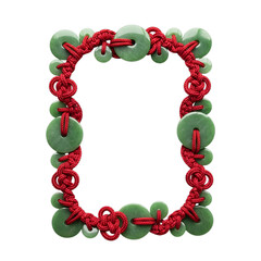 Decorative frame made of red cord and green jade coins isolated on transparent background