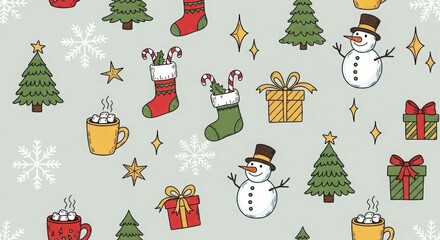 Whimsical hand-drawn Christmas doodle pattern, playful icons like trees, stockings, stars