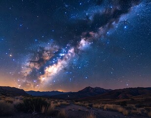 Vast night sky panorama featuring a vibrant Milky Way over mountains