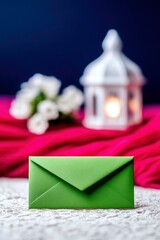 A green envelope is placed on a white lace surface, with a blurred background featuring white flowers, a lit lantern, and a vibrant pink fabric.