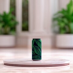 A can with a green leaf pattern is displayed on a marble pedestal in a well-lit room with blurred plants in the background.