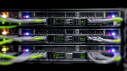 Close-up of data center servers with lit indicators and cable connections, highlighting modern tech infrastructure.