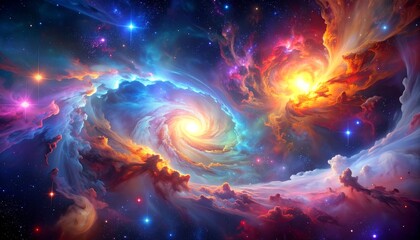 Vibrant cosmic art, colorful nebula, swirling galaxies and shining stars