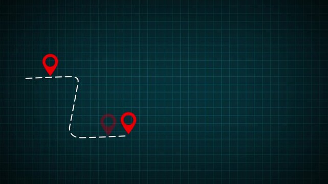 Animation of city map with pin pointers, GPS travel and navigation concept.Track point navigator on tracing paper. the path traveled on the map. Motion graphics of road Track concept.