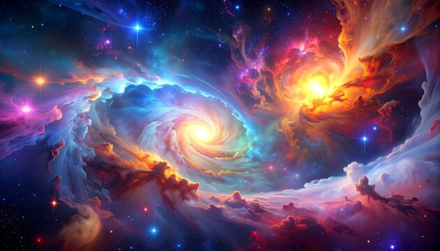 Vibrant cosmic art, colorful nebula, swirling galaxies and shining stars