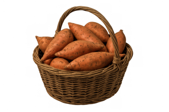 Sweet potatoes filling a wicker basket, showing abundant raw vegetables, fresh harvest, and healthy food