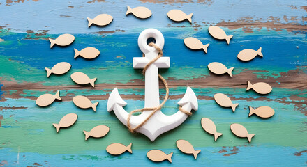 anchor and fish on a blue background, maritime sea life, sailing trip, summer vacation, tourism concept, harbor