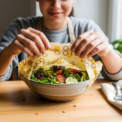 A person preparing a fresh vegetable salad in a rustic bowl, with hands gently holding the paper lining, in a cozy kitchen setting with natural light