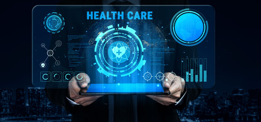 Digital health care technology and medical data dashboard concept. An interface for patient information, diagnostics, and monitoring health records. Motif
