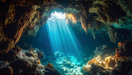 Sunlit underwater cavern reveals a coral reef ecosystem bathed in beams of light cascading from an opening
