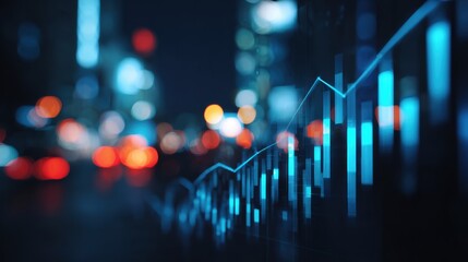 Close-up view of a digital stock market graph, illuminated against a blurred city backdrop at night.