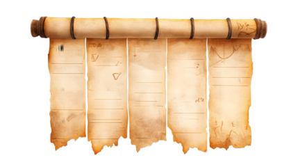 Old paper scroll with torn edges isolated on transparent background, ancient manuscript template
