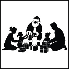 A black silhouette illustration of a family of four  excitedly opening gifts with Santa Claus