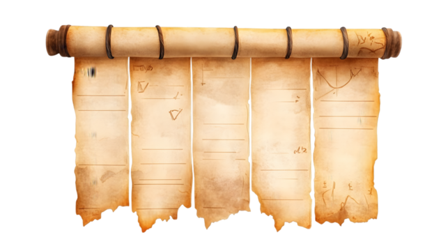 Old paper scroll with torn edges isolated on transparent background, ancient manuscript template