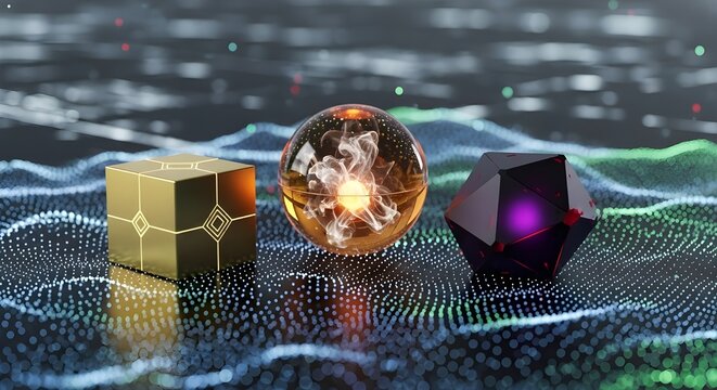 Three geometric shapes, a cube, a sphere, and a polyhedron, sit on a wavy, abstract surface with glowing particles.
