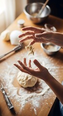 Close-up of hands preparing dough in a kitchen with baking tools and ingredients on a wooden surface for baking bread or pastries