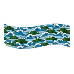 Stylized abstract depiction of rolling green hills and crashing blue waves in a flowing pattern isolated on transparent background