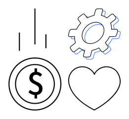 Growth chart lines, dollar coin, gear, and heart visuals symbolize business, finance, technology, and passion. Ideal for innovation teamwork development strategy leadership support. Simple flat