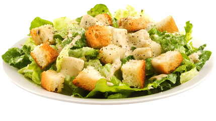 Fresh caesar salad with croutons and parmesan cheese isolated on transparent background