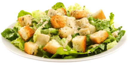 Fresh caesar salad with croutons and parmesan cheese isolated on transparent background