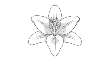 A detailed black and white line drawing of a lily flower, showcasing its petals, stamen, and pistil.