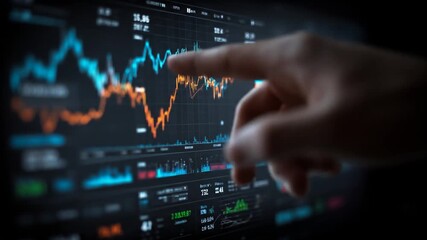 Human finger points to glowing digital financial charts on a dark screen - Powered by Adobe