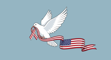 A white dove of peace flies holding a patriotic awareness ribbon that transforms into the American flag.
