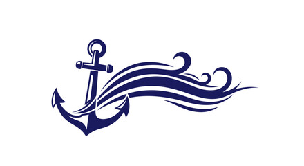 A dark blue nautical anchor symbol with stylized ocean waves flowing outwards on a white background.