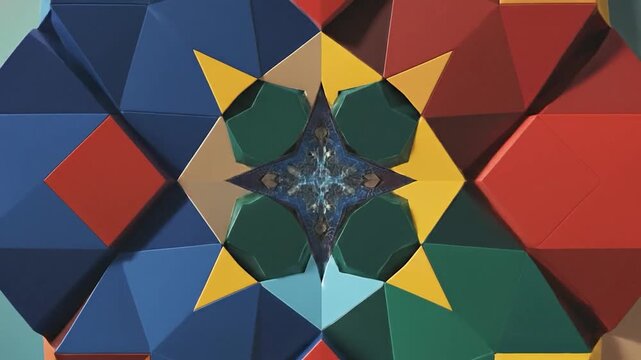 Geometric mural with varied, saturated color and angular 3D shapes
