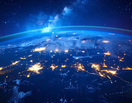 Vivid view of Earth at night from space, with celestial lights