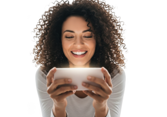 Smiling woman holding a smartphone isolated on transparent background