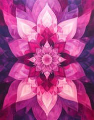 Symmetrical floral design showcasing a layered pattern of pink and purple hues, emanating from a central point
